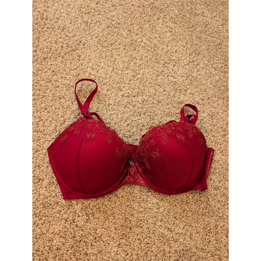 Victorias Secret Very Sexy Push Up Bra 38DD Burgundy Floral Gold Embroidery